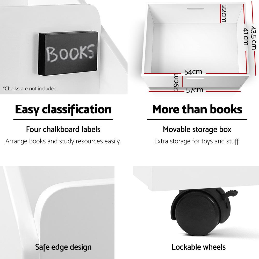 Keezi Kids White Bookshelf featuring four tiers, chalkboard labels, and a removable storage box, designed for children's safety and organization.